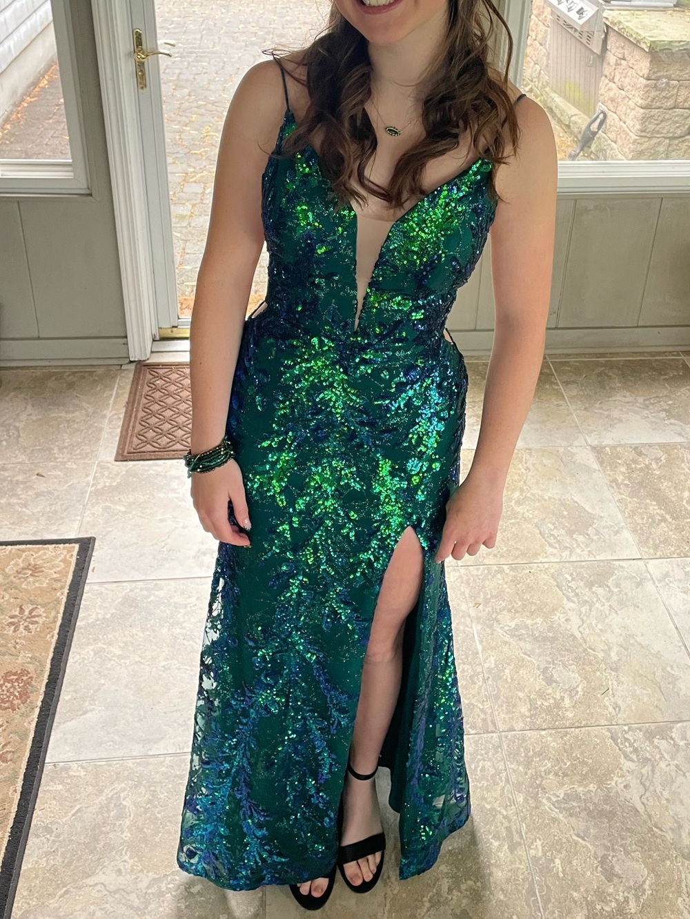 Amarra Emerald Green Sequin Mermaid Dress with Low Back (88758S524)